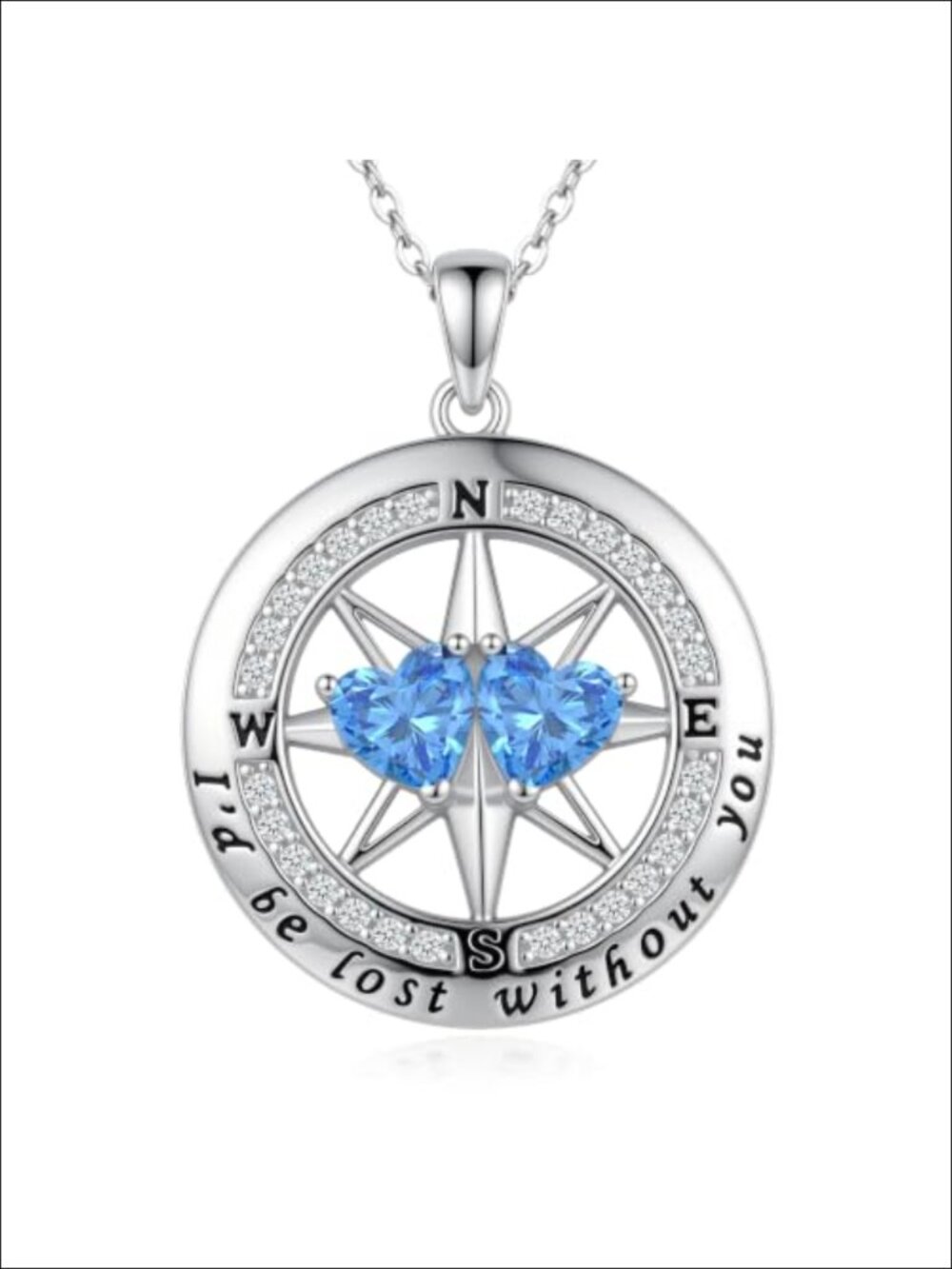 White Gold Plated Compass Pendant Necklace Birthstone CZ Gift for Women